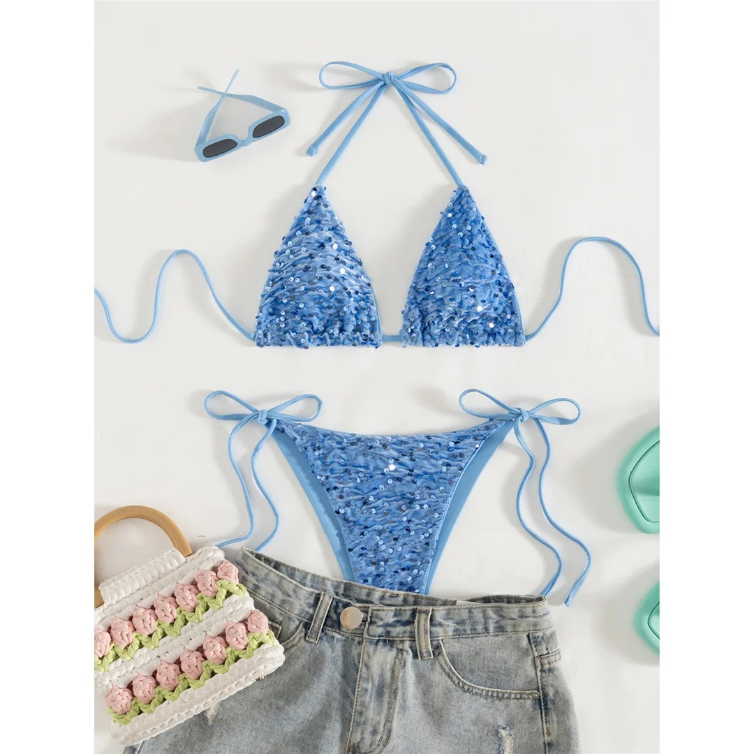 Pailletten-Bikini mit Neckholder, Damen-Badebekleidung, zweiteiliges Bikini-Set, mit Trägern, hoch geschnitten, Badeanzug, Badebekleidung, Modell V8326. – Detail 8