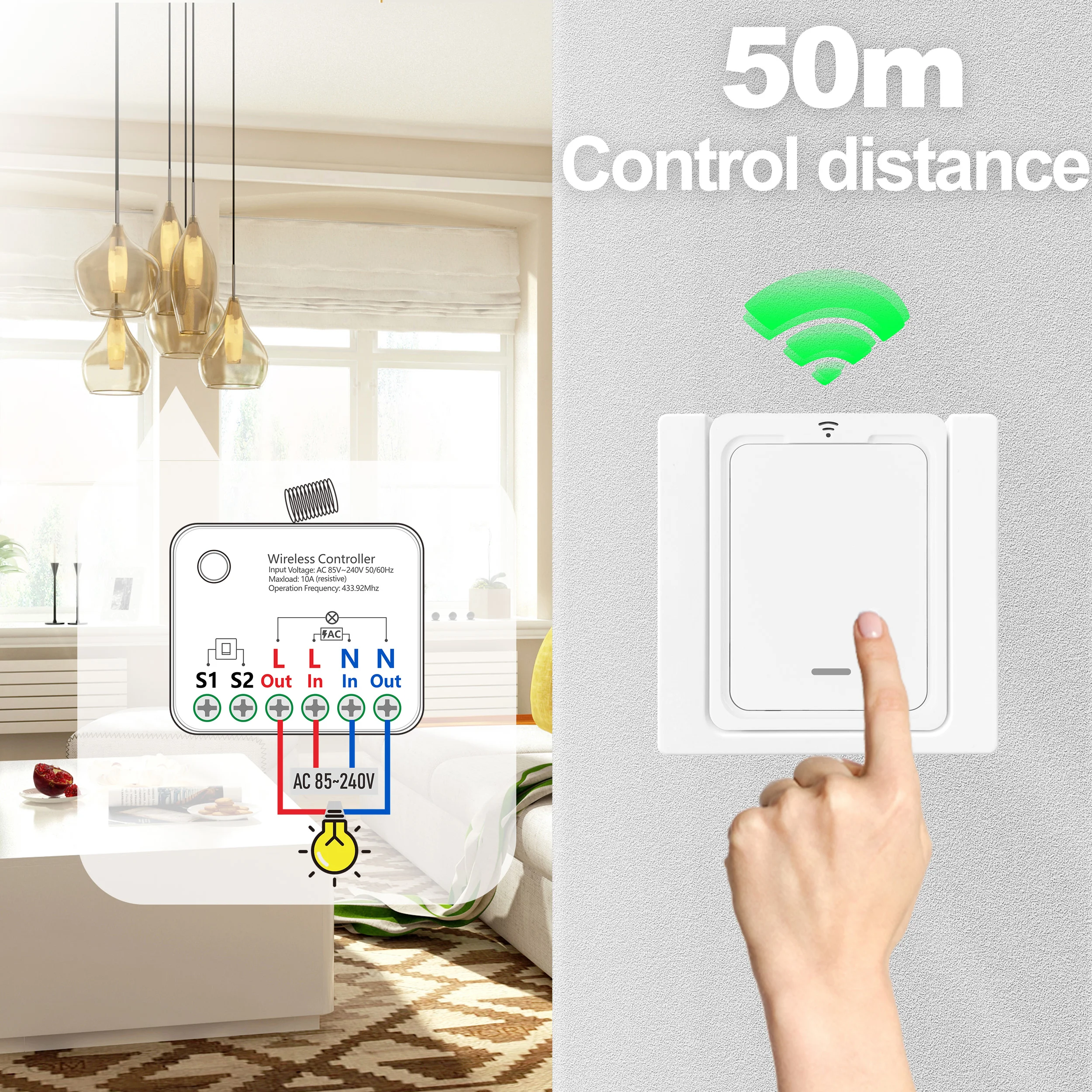 433Mhz Wireless Remote Control Light Switch 220V 110V 10A 2-Way Control Module with 1/2/3/4/6gang Wall Panel Switch for LED Lamp
