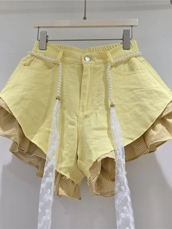 

Outlet Candy Color Denim Plaid High Waist Slim Design Wide Leg Pants Women's Short Pants Commute Style High Waist Wide Leg Pants