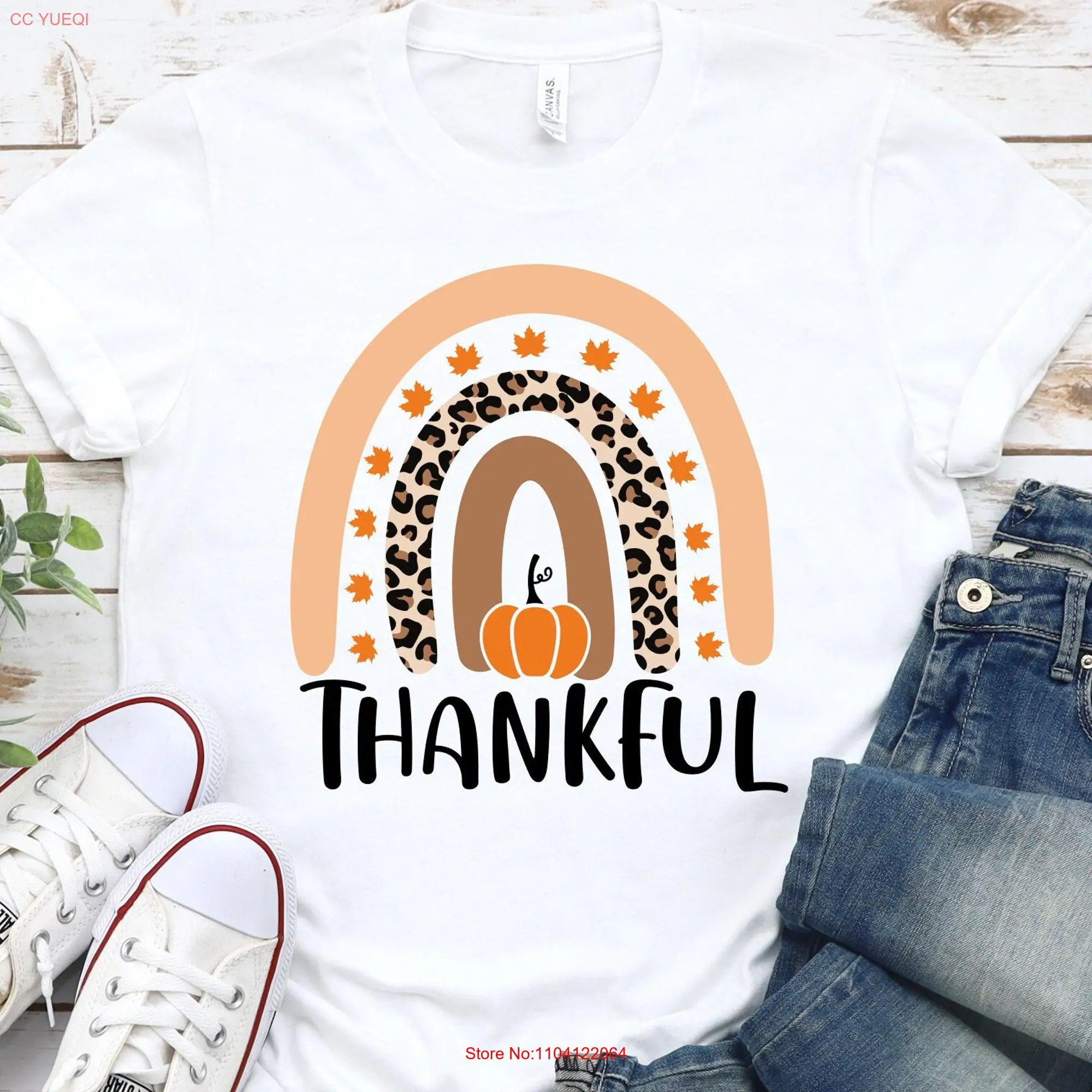 Thankful Rainbow Pumpkin T Shirt Thanksgiving Family Leopard Grateful Cute Fall Cheetah long or short sleeves