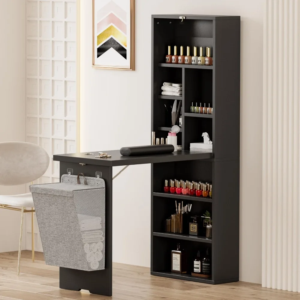 Foldable Manicure Table with Side Shelve, Expandable Nail Tech Table with Storage Fabric Bag, Wall Mount Nail Station
