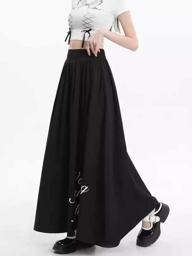 Maxi Long Skirts Womens Letters Print Skirt Gothic Lolita Spring Summer High Waist A-Line White Black Ruffle Skirt