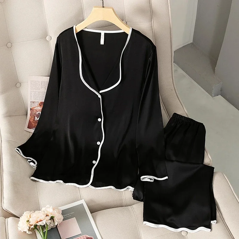 Luxury Solid Color Women's Satin Pajama Set 2 Pcs With Pants Ladies V Collar Home Clothes Silk Pijama Suit For Female 2024 New