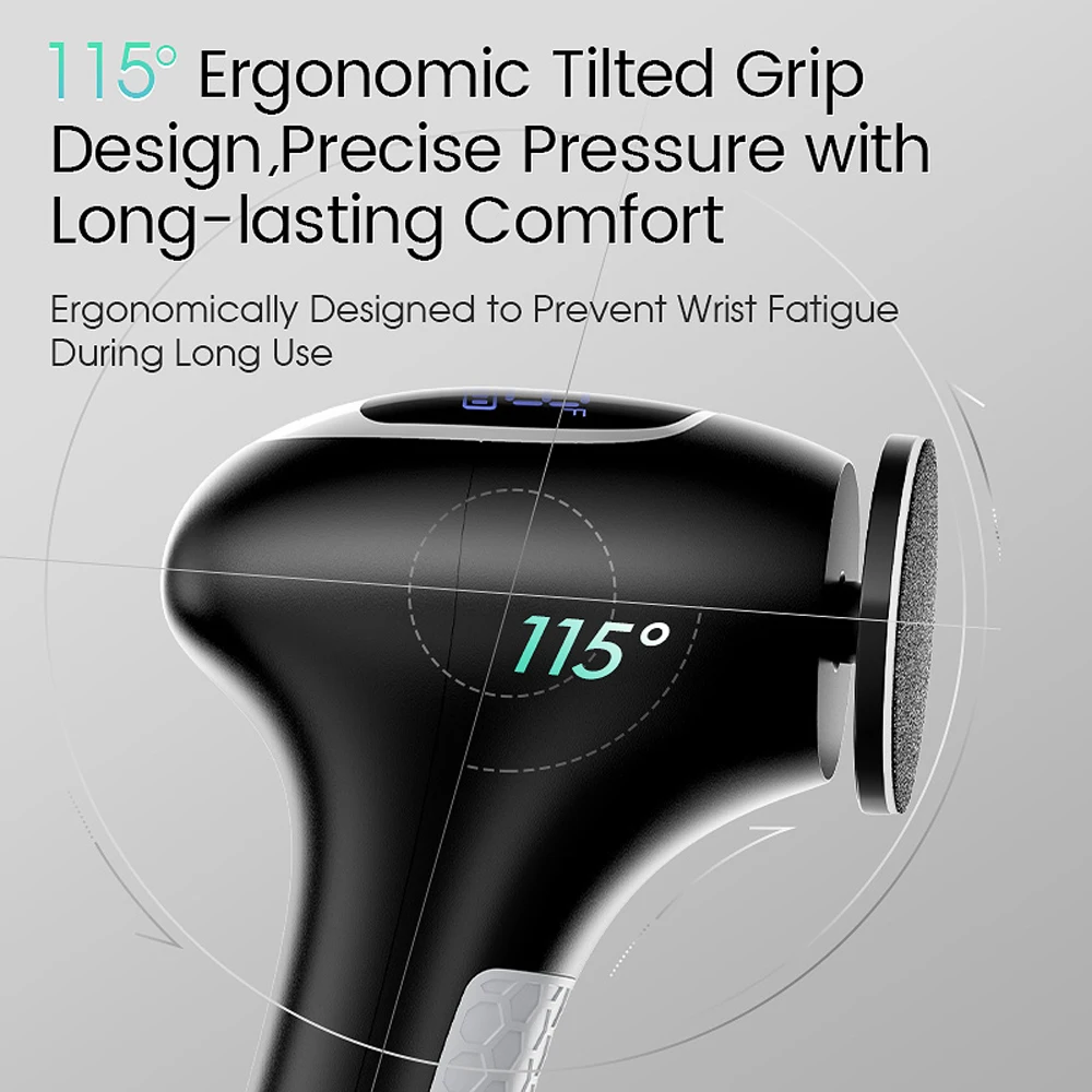 مزيل مسامير القدم الكهربائية سرعة قابلة للتعديل 115 °   آلة العناية بالقدم ذات عزم دوران عالي 8N.cm بتصميم بزاوية مع ورق صنفرة قابل للاستبدال