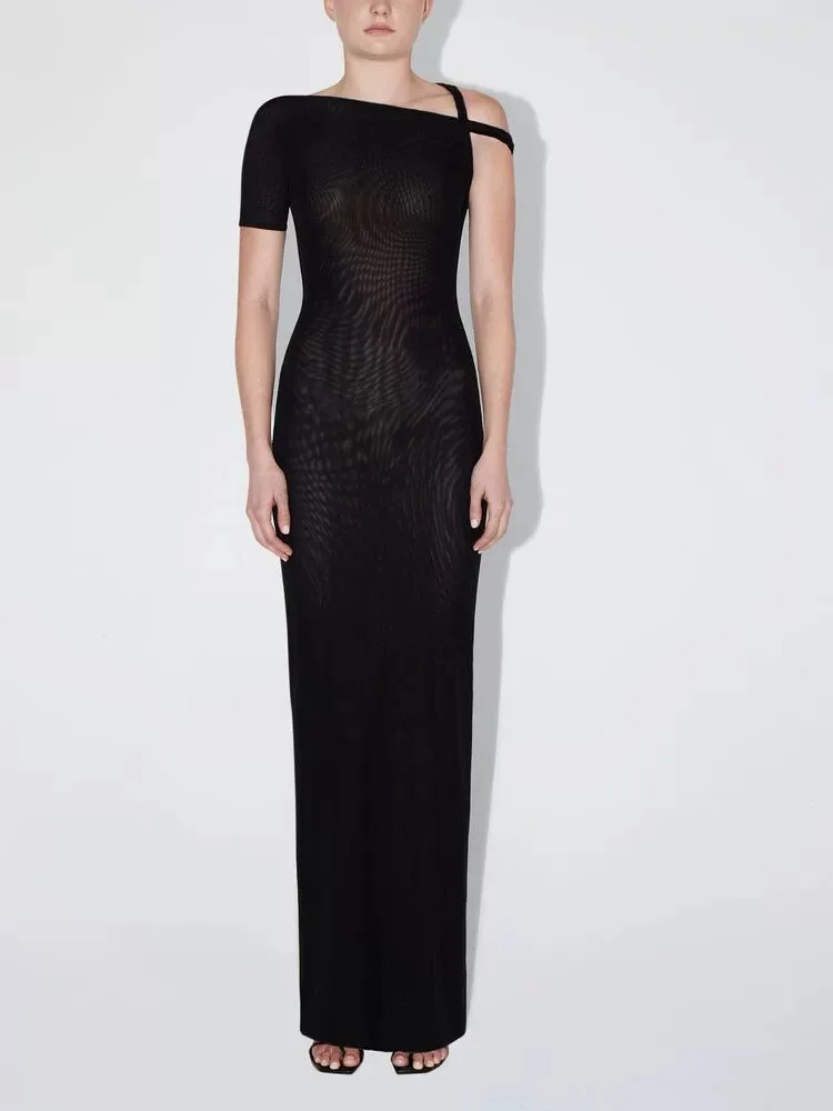 

One-shoulder asymmetric Slim Women's Dress Temperament Elegant Stretch Knit Package Hip Long Dresses 2024 Summer New