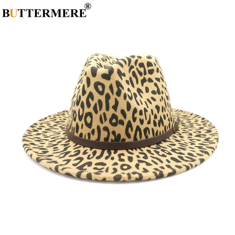 Sombrero Fedora de Fieltro con Estampado de Leopardo BUTTERMERE, Sombrero Trilby de Lana Camel para Mujer, con Cinturón, Estilo Vintage, Otoño Invierno, Gorra Panamá Femenina, a la Moda