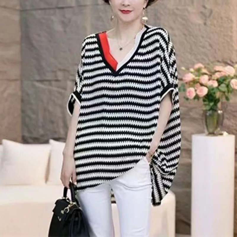 Summer New Women's Pullovers Spliced Color V-Neck Printed Elegant Fashion Loose All-match Commuter Half Sleeve Chiffon Blouse