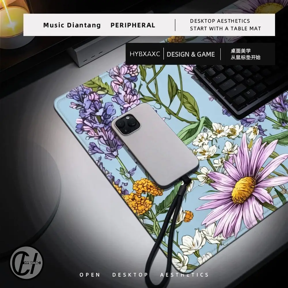 HYBXAXC Wildflower Desk Mat Blue Floral Mouse Pad, Cottagecore Decor, Daisy Keyboard Mat, Lavender Gaming Pad