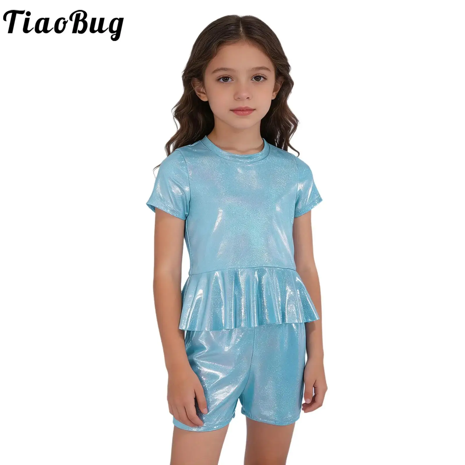 Kids Girls Metallic Shiny Jazz Dance Outfit Short Sleeve Peplum Tops with Athletic Shorts for Hip Hop Cheerleading Performance