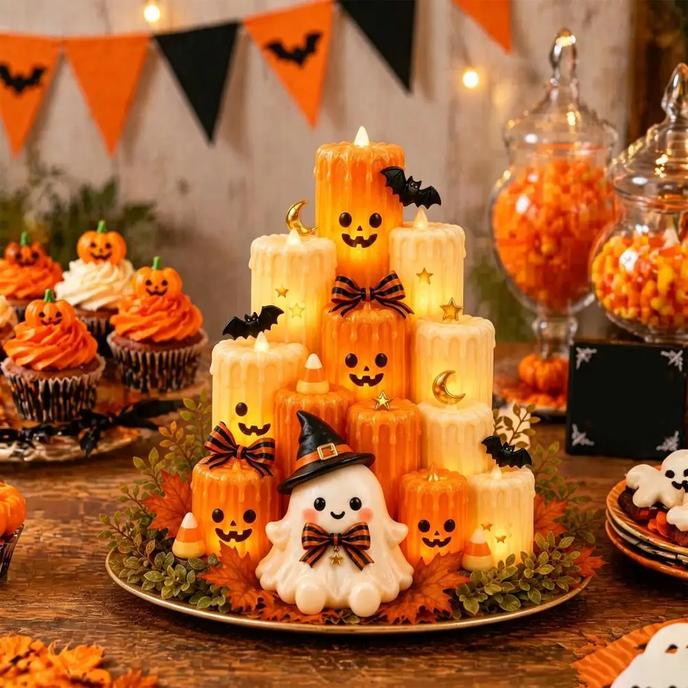 Halloween Flameless Battery Operated LED Flickering Multi-layer Pumpkin Ghost Pillar Candles Dinner Table Decor