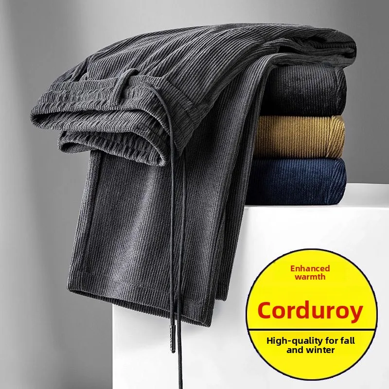 

Thiened вельветовые мужские повседневные брюки с теплой подкладкой, свободная посадка, осенне-зимняя рабочая одежда, повседневные брюки с прямыми штанинами и эластичной резинкой на талии