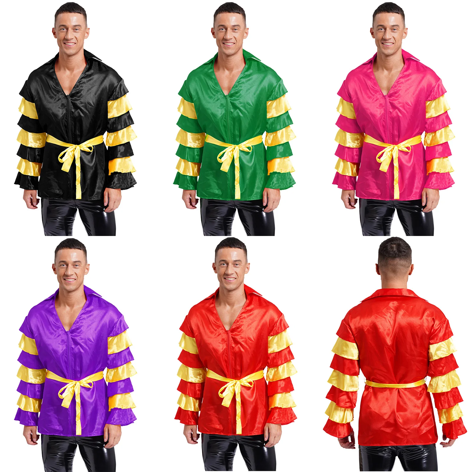 Disfraz de baile de Rumba y Salsa para hombre, camisas de manga acampanada de satén Retro con cuello en V con cinturón para Halloween, carnavales, fiesta, Tops de bailarina