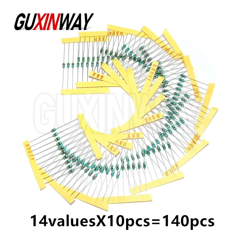 140pcs 1/4W 0307 0.25W Color Ring Inductance Assortment 1UH-470UH Inductors Assorted Set Kit 14valuesX10pcs=140pcs