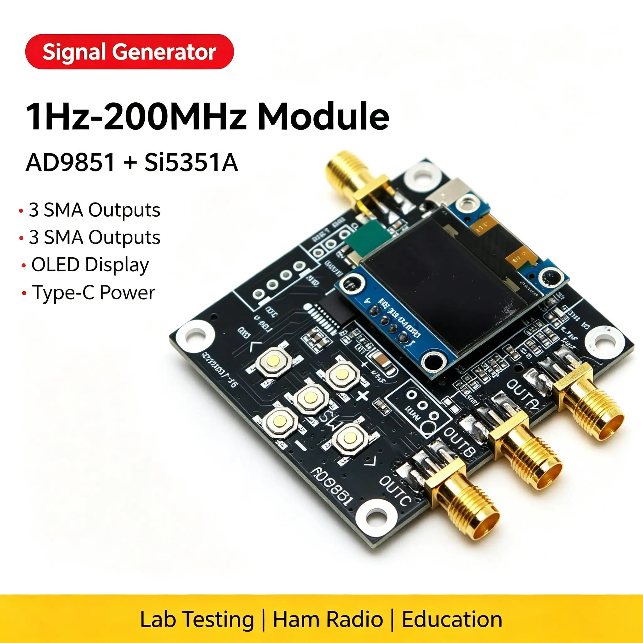 AD9851 DDS Signal Generator 1Hz-70MHz Si5351A Clock Source Square Wave／sine Wave OLED Display For RF Lab Ham Radio Amplifier