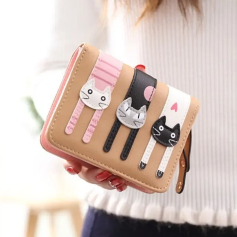 Women\'s Purse Short Cute Cat Print Mini Two-fold Folding Coin Purse Delicate Fringe Multi-functional Student Girls Teen Wallet