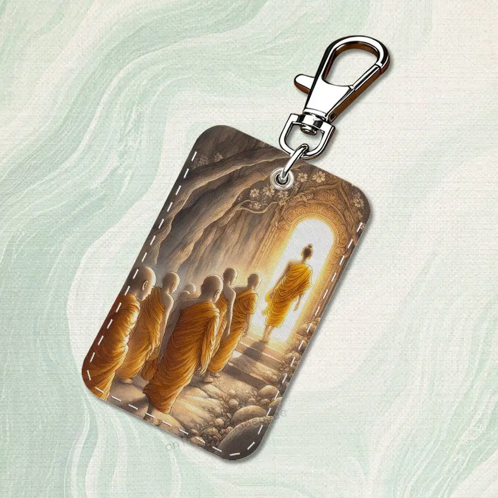 Belief Art Buddha Rectangle Card Case Keychain Access Card Bag Key Tag Ring Leather Card Holder Key Ring Access