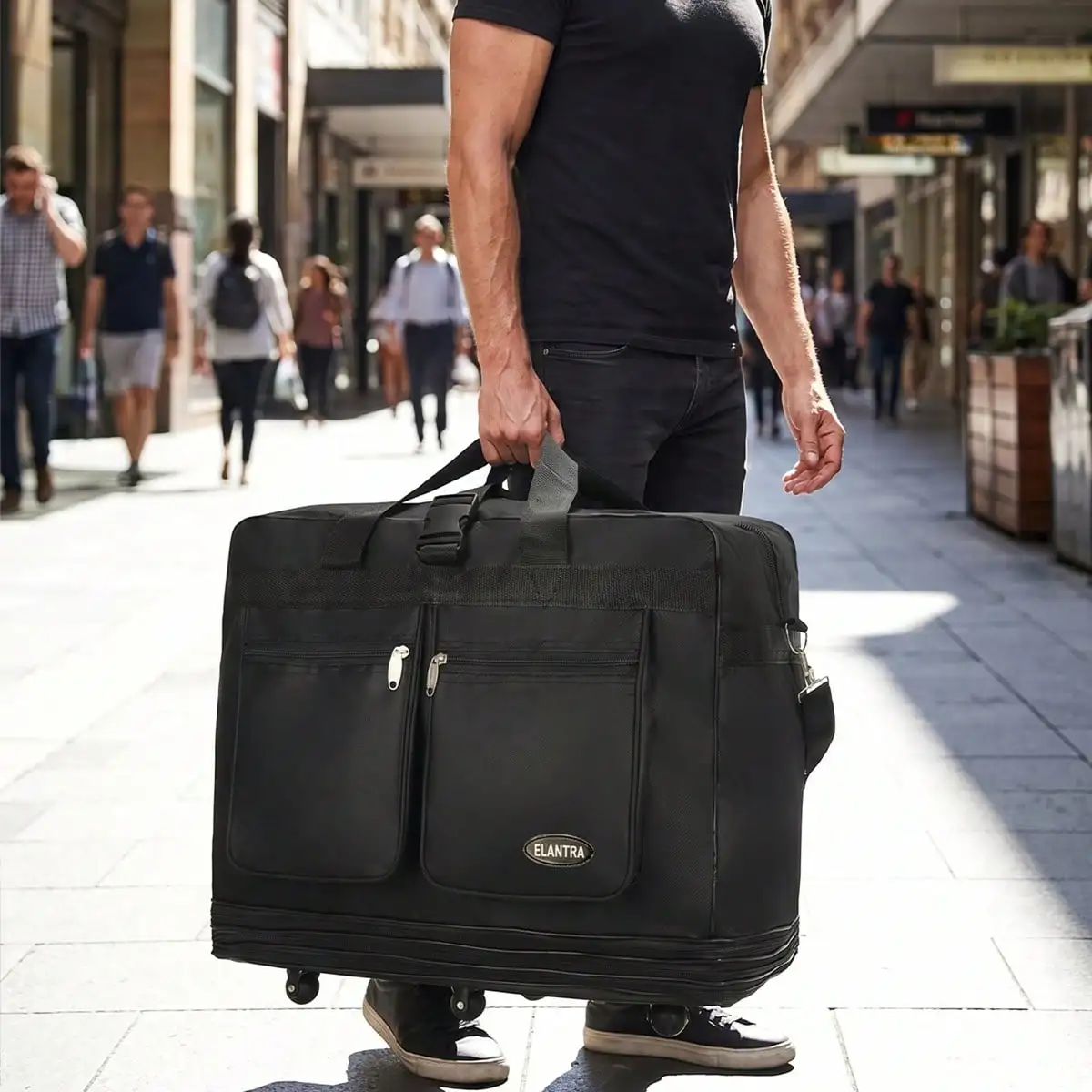 Black Rolling Travel Duffel Bag With Wheels, Expandable & Foldable Collapsible Luggage Bag, Large Capacity Carry On Suitcase, Portable Wheeled Duffle for Men Women, Ideal for Weekend Getaways, Airline Travel, Short Trips and Overnight Vacations