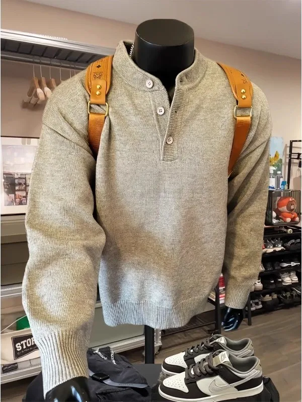 

ay American Sle Henry Collar Knitted Sweater Men Long Sve Lazy Sle Cleanfit Inner Wear Knitted irt Coat