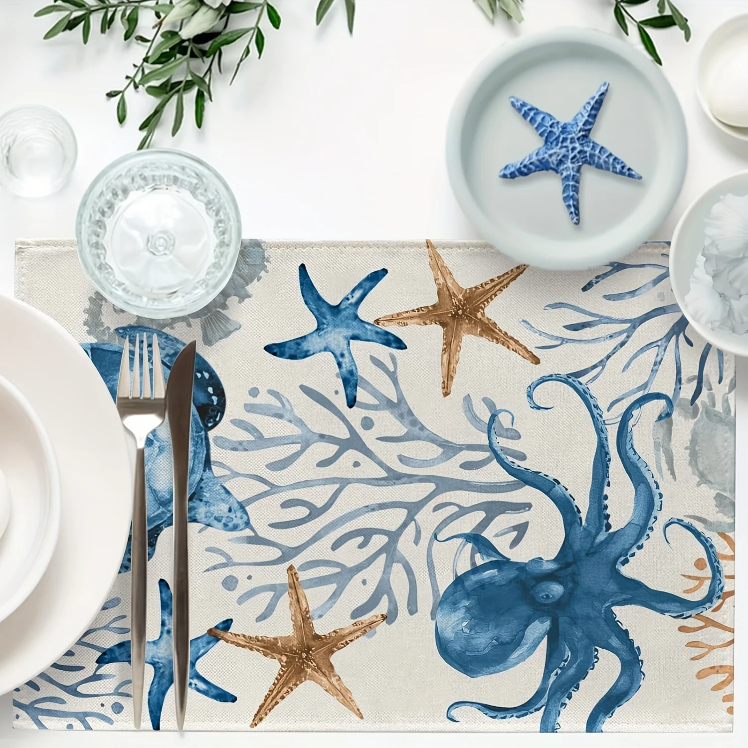 4pcs Ocean Theme Placemat Sea Turtle Octopus Starfish Design Table Mat Heat Resistant Non Slip Washable Beach Dining Decor