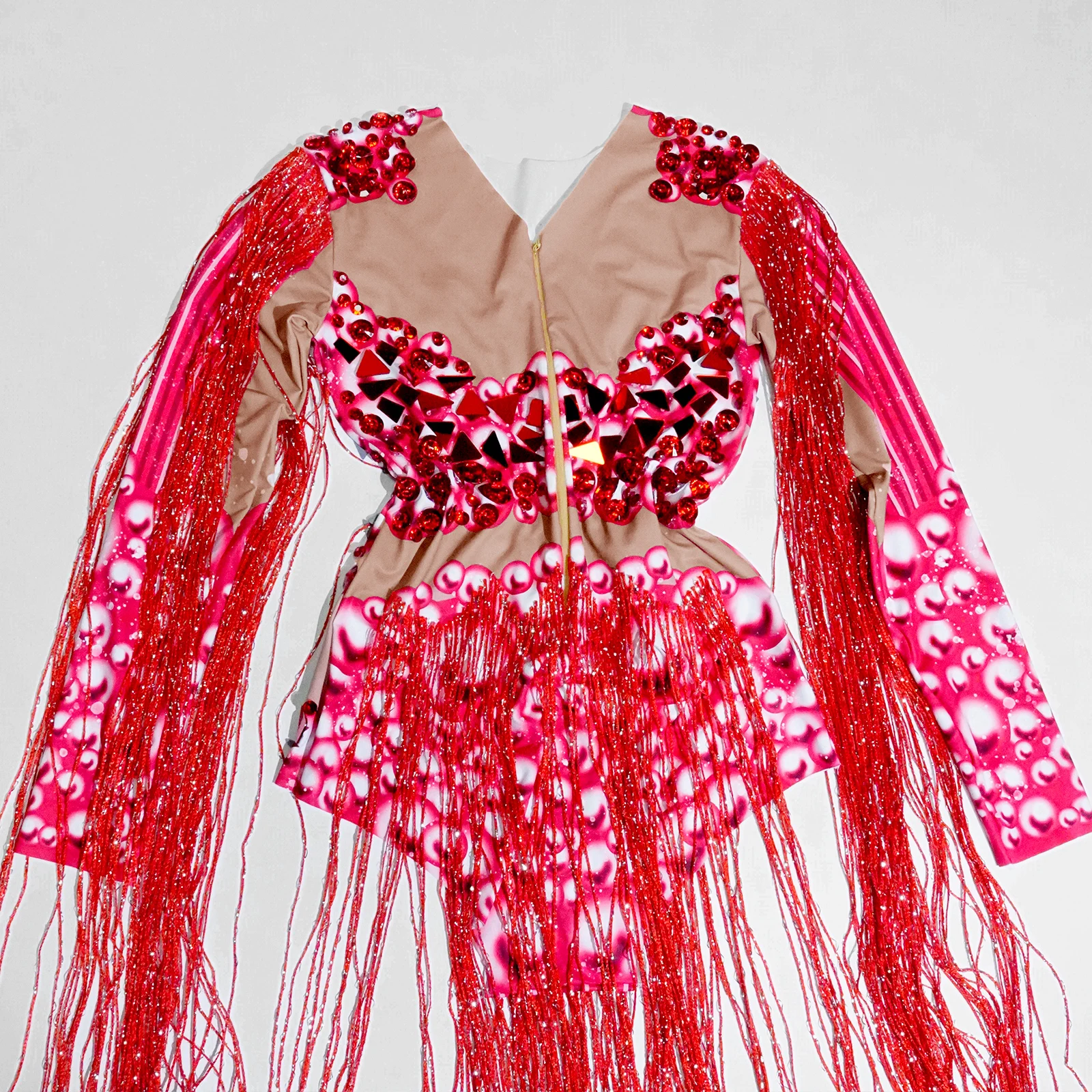 ชุดบอดี้สูทสีแดงประดับกระจกและคริสตัล สำหรับนักร้อง นักเต้น งานวันเกิด ปาร์ตี้ไนต์คลับ แดร็กควีน ชุดแสดงบนเวที