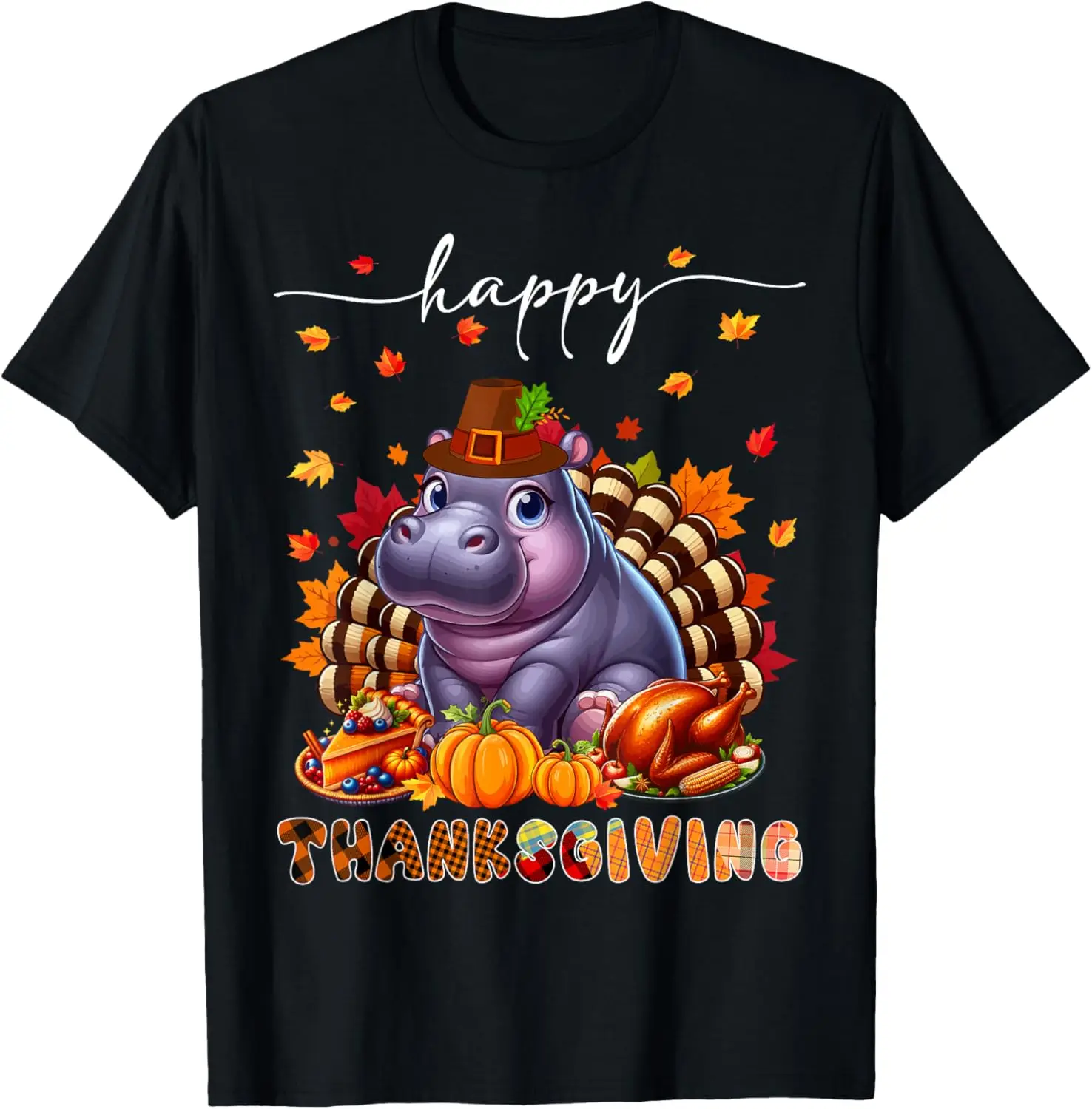 Happy Thanksgiving Hippo Costume Turkey Fall Leaves Food T-Shirt