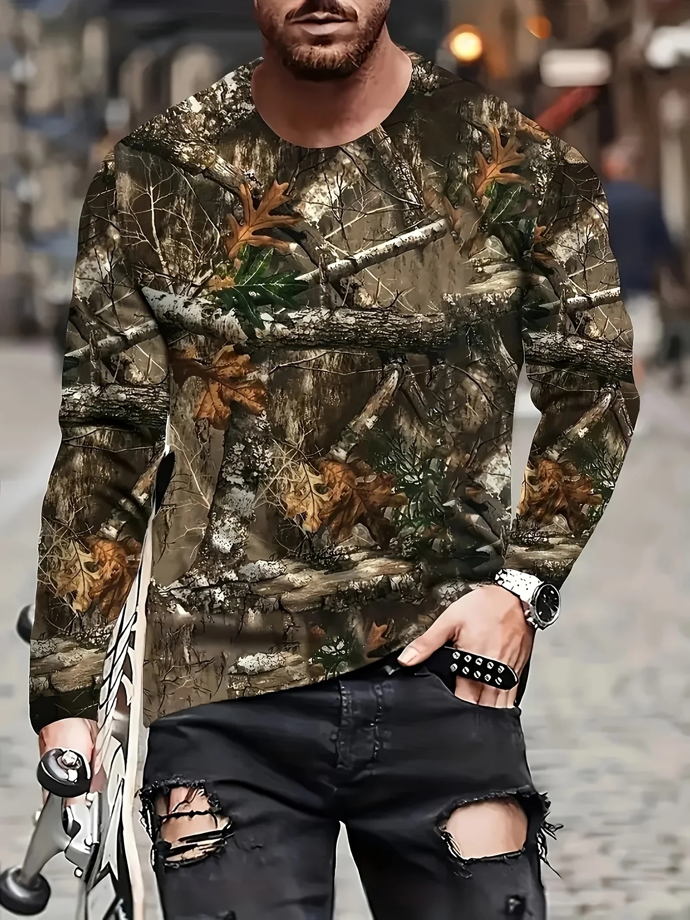 Hot Sale! Men's Military Style Camo Long Sleeve T-Shirt | Original Forest Leaf Design, Versatile Outdoor Casual Wear