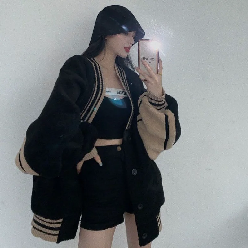 

V-neck Jackets Women Coats M-4XL Baggy Panelled European Streetwear Personal Teens Designer Chaqueta Fashion Clothing College