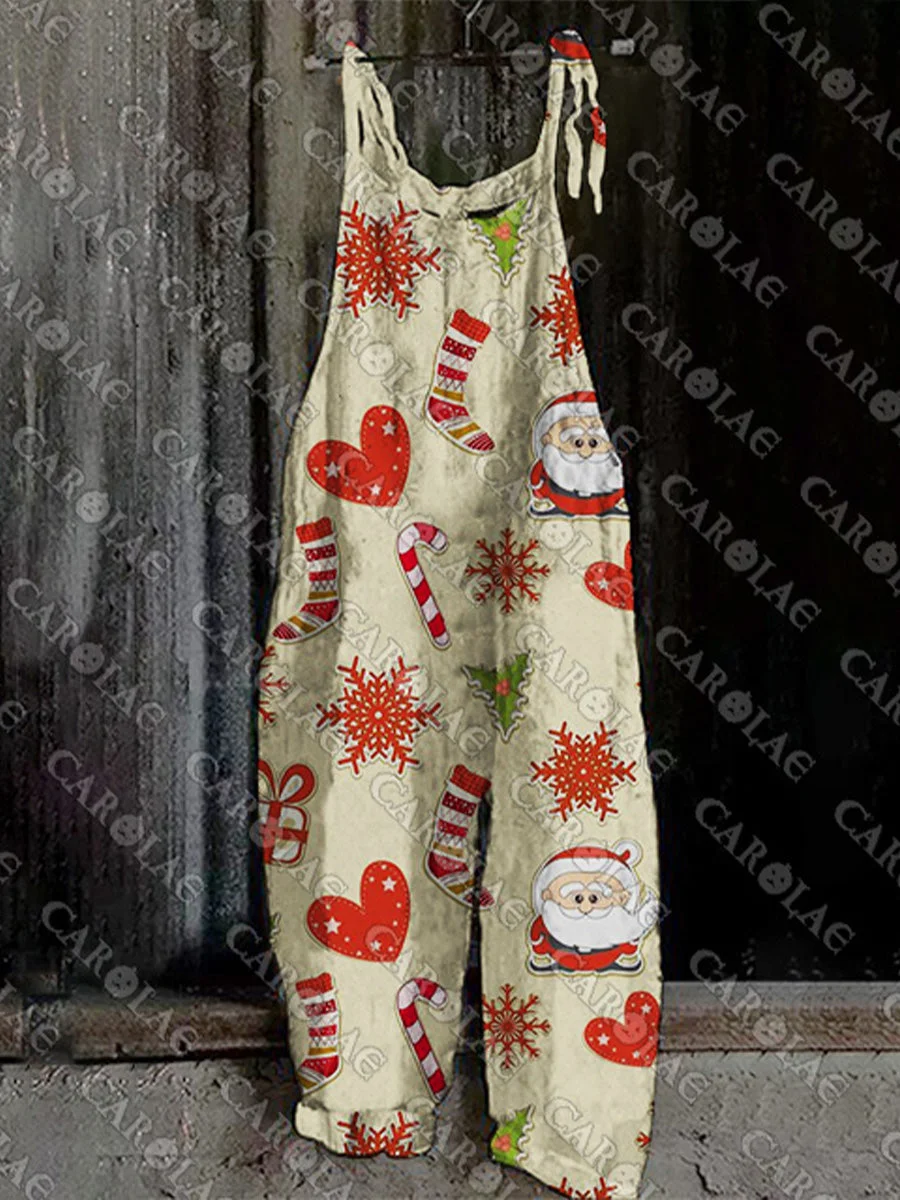 Jumpsuit wanita gambar pohon Natal Santa Claus, jumpsuit longgar dan nyaman, celana tali celana mode Bohemian musim panas