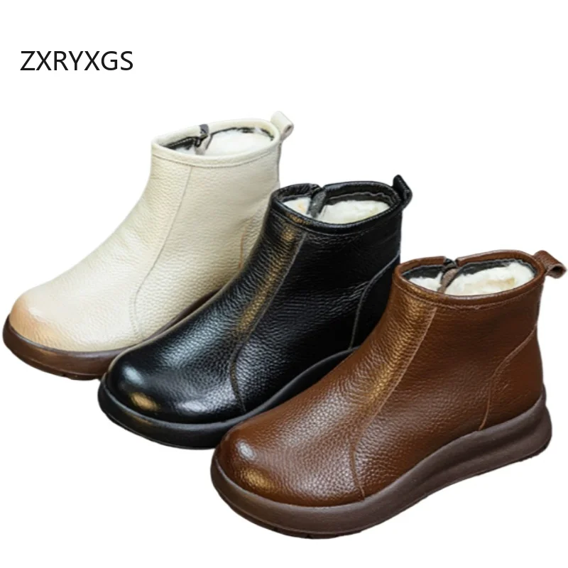 ZXRYXGS Promotion Winter Snow Boots 2026 New Genuine Leather Wool Boots Warm Shoes Flat Thick Sole Women Boots Cotton Shoes