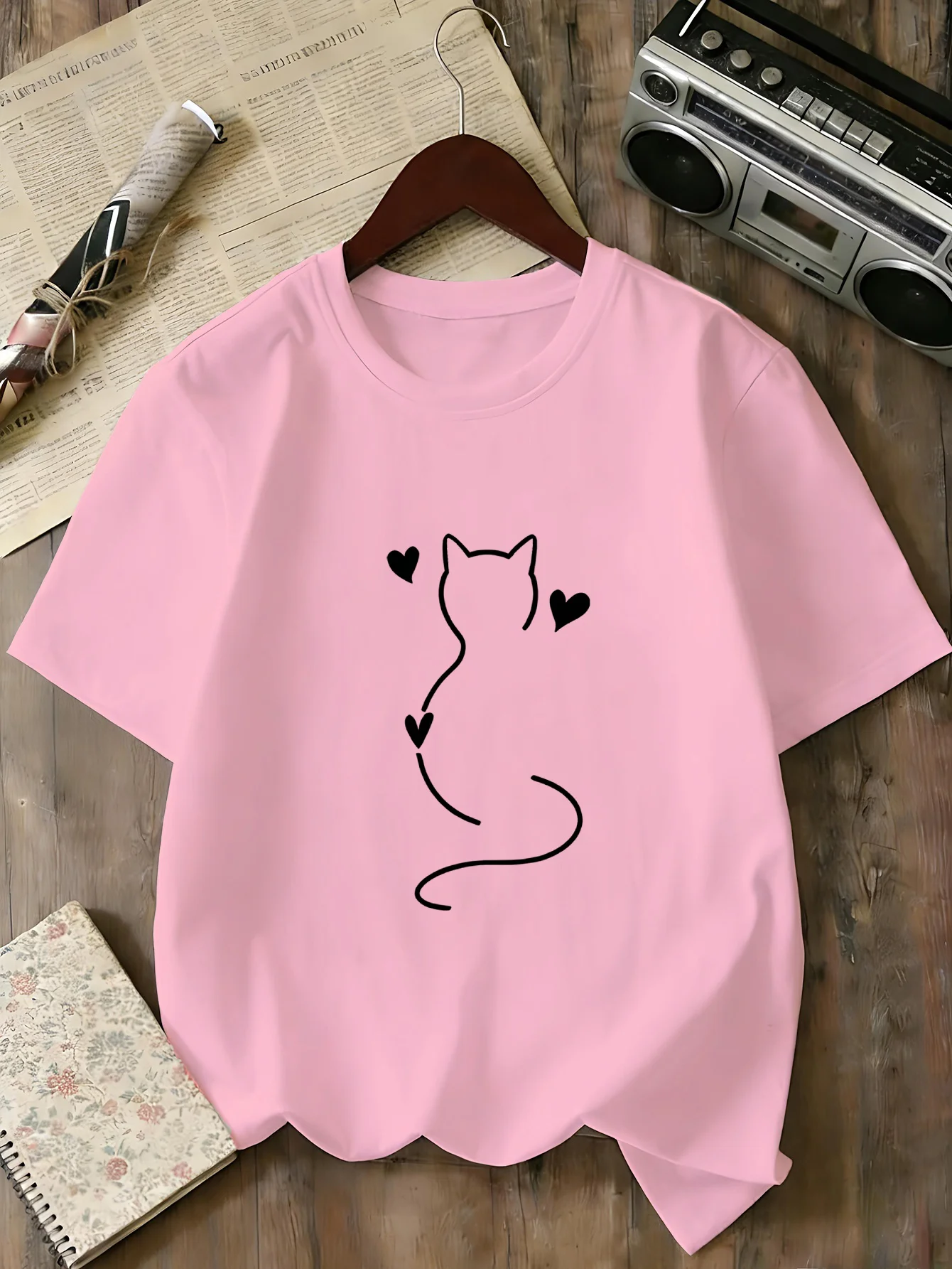 Simple Outline Cat And Hearts Graphic T Shirt Family Matching Boys Girls Kids Short Sleeve Minimalist Cute Children Daily Tops