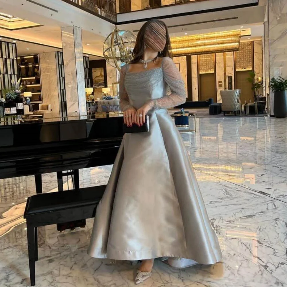 여성용 그레이 클래식 이브닝 드레스, A라인 칼라 프롬 가운, 긴 소매 맞춤형 플로어 기장 스테인 파티 드레스