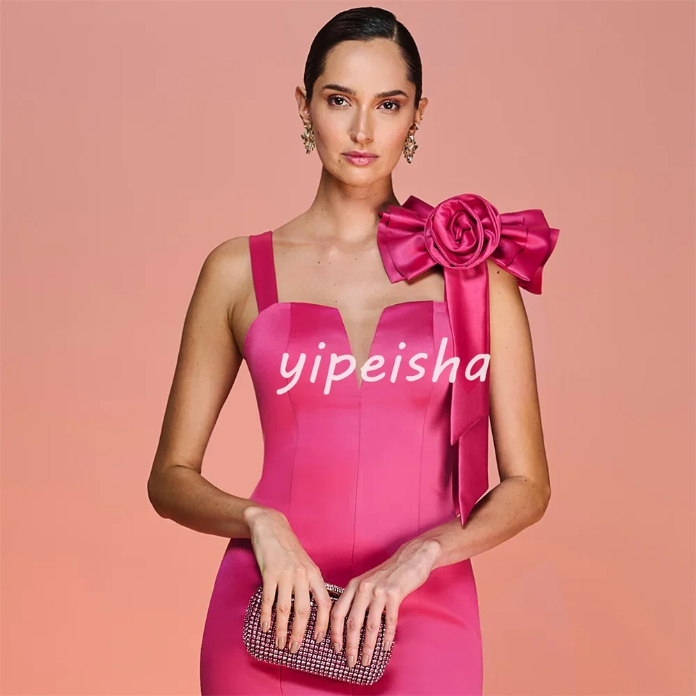 Customized Sexy Fashion Flower Bow Pleat Mermaid Square Neck Long Dresses Bespoke Occasion Dresses Modern Style High Quality