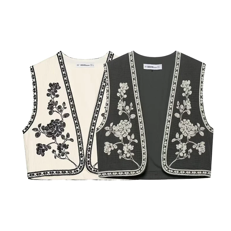

RAFZNB Women Fashion Embroidery Short Waistcoat Vintage V Neck Sleeveless Vests Female Outerwear Chic Tops