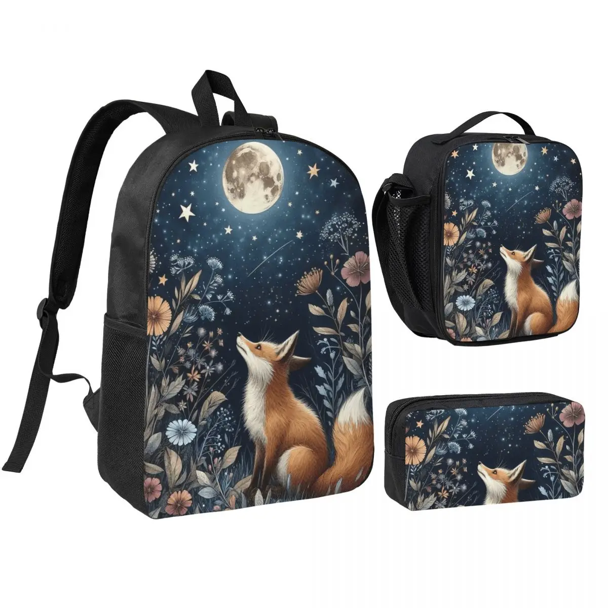 Enchanted Woodland Fox Moonlit Night Backpack Student BookBag School Bag Shoulder Bags 3ps Insulated Lunch Bag Pencil Case