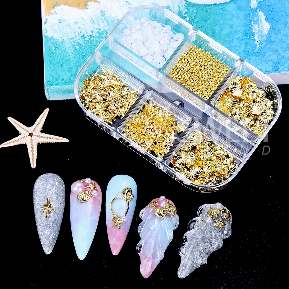 6Grids Ocean Theme Gold Nail Art Charms Shell/Starfish Pearl Metal Gems 3D Mixed Nail Art Decoration Manicure Jewelry Accessory