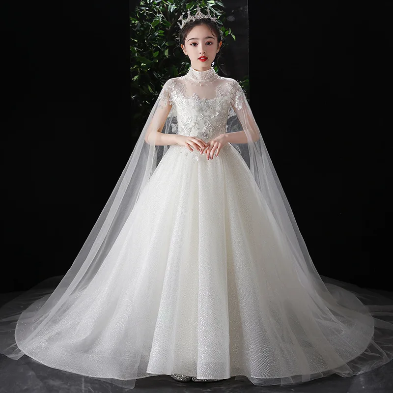 

New Fashion White Sequins Long Dress For Girls Children Birthday Banquet Shiny Costumes Graduation Prom Host High end Dresses