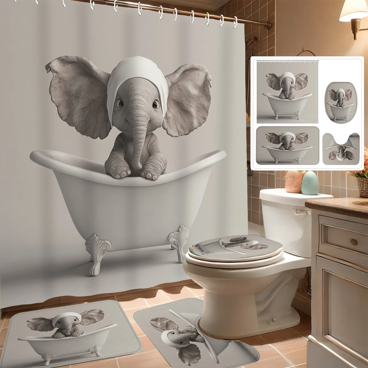 

Набор из 4 занавесок для душа, милый слон в дизайне ванны, современный декор для ванной комнаты, в комплект входит 12 крючков, нескользящий коврик для ванной