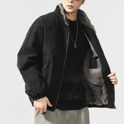 Winter Fur Quilted Liner Stand Collar Thick Cargo Jacket Men Streetwear Fashion Vintage Loose Casual Warm Bomber Jacket Coat