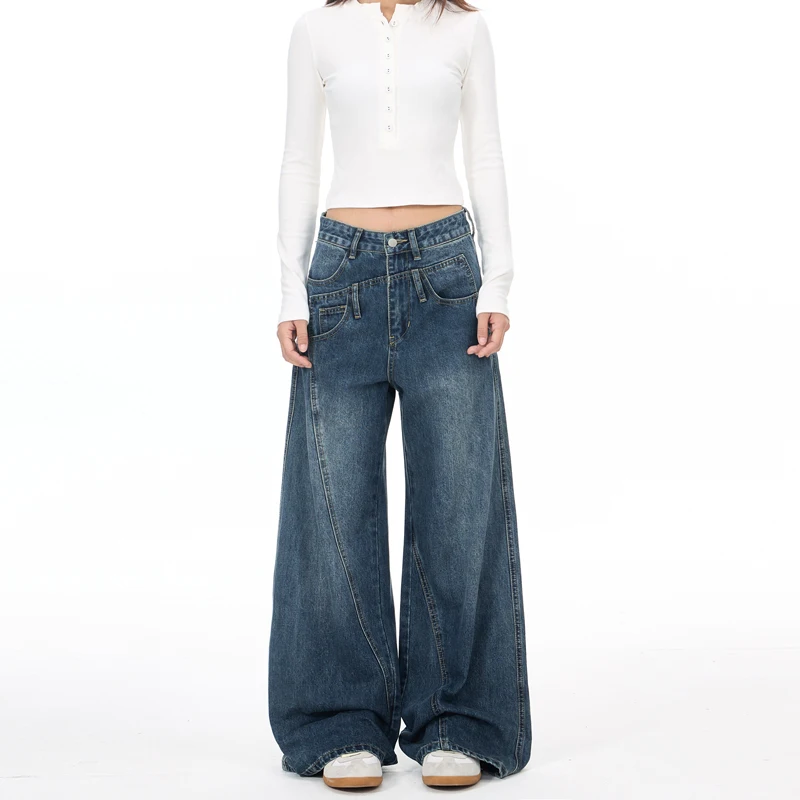 للجنسين الأمريكية الشارع الشهير موضة الجينز الرجال فضفاضة عادية غير المتماثلة لصق واسعة الساق الدنيم فضفاض الجينز بانت النساء الجينز بنطلون #3