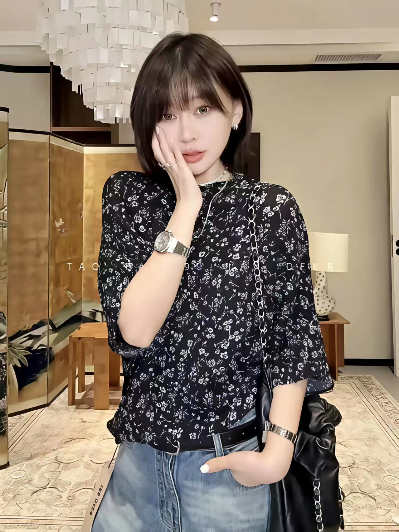 Fold Miyake Pleated Black Ditsy Floral Print Mock Neck Balloon Sleeve Textured Top Bohemian Chic Versatile Daily Essentials Tops