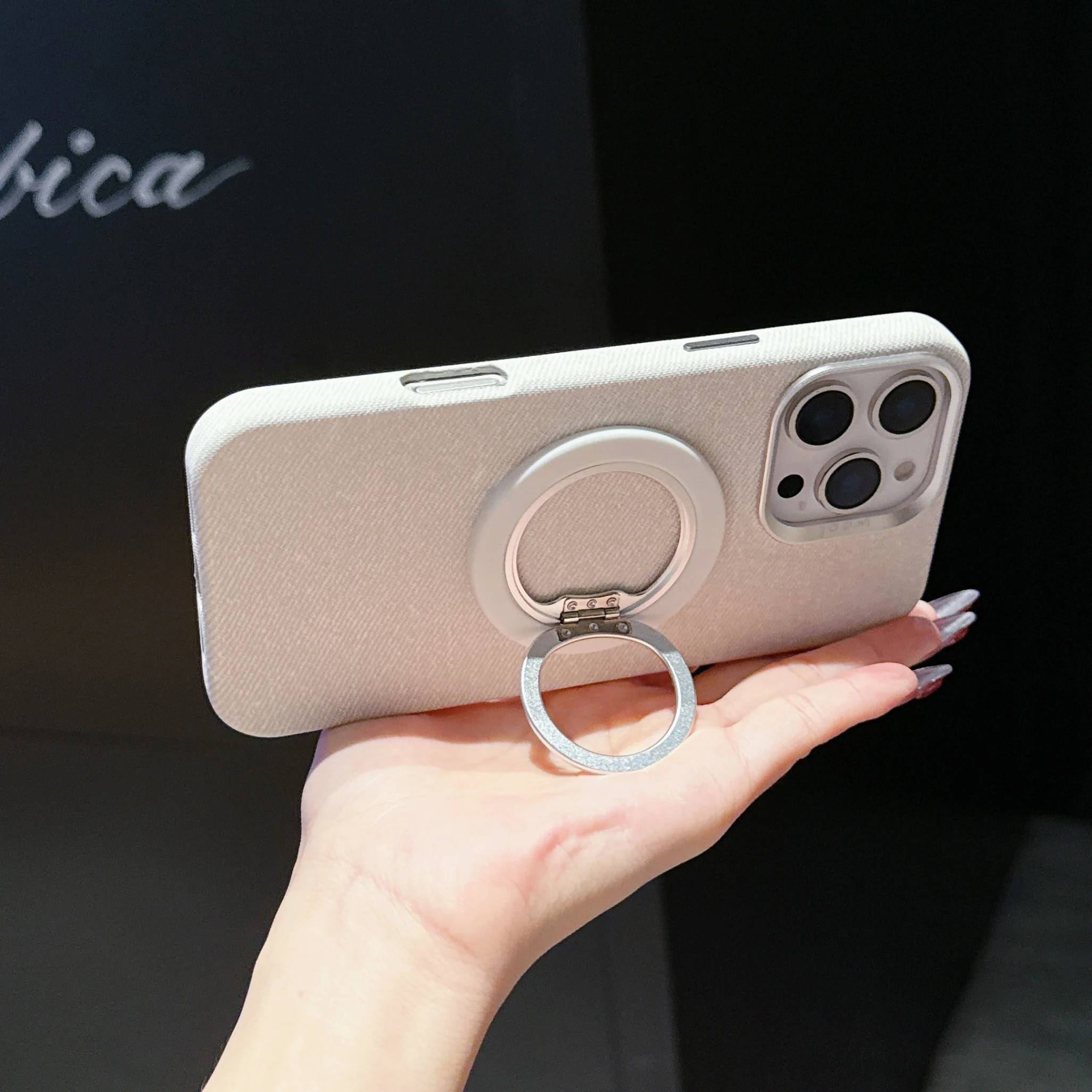 

Linen Texture Full Coverage Case with Rotating Stand for iPhone 17 Pro Max, Built-in Magnetic, Metal Lens Protection