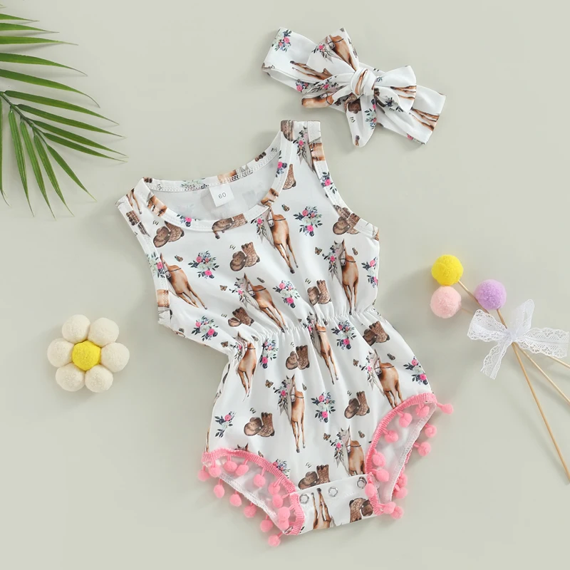 

Newborn Baby Girl Easter Romper Bunny Floral Sleeveless Tassel Romper with Headband Infant Summer Clothes Set