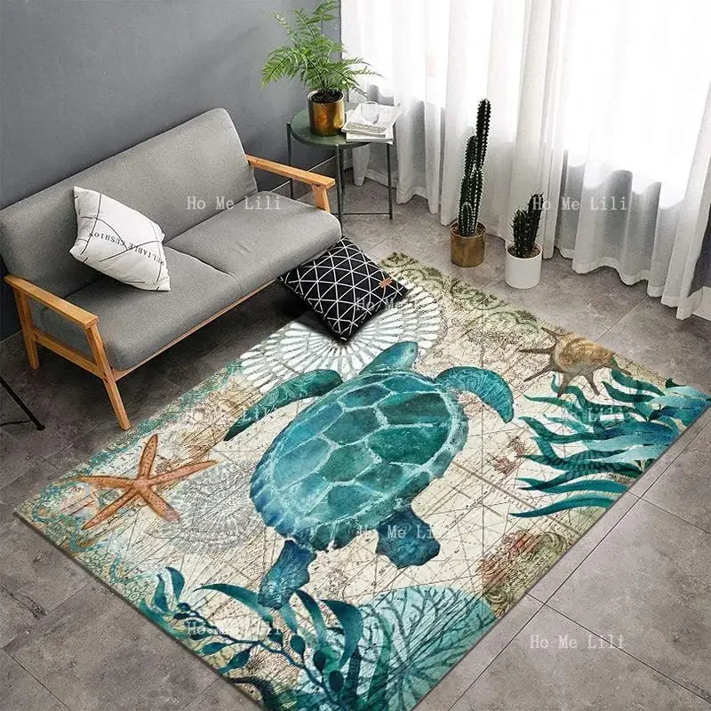 Sea Turtles And Starfish And Seaweed In The Underwater World Have Unique Features.Non Slip Flannel Floor Rugs