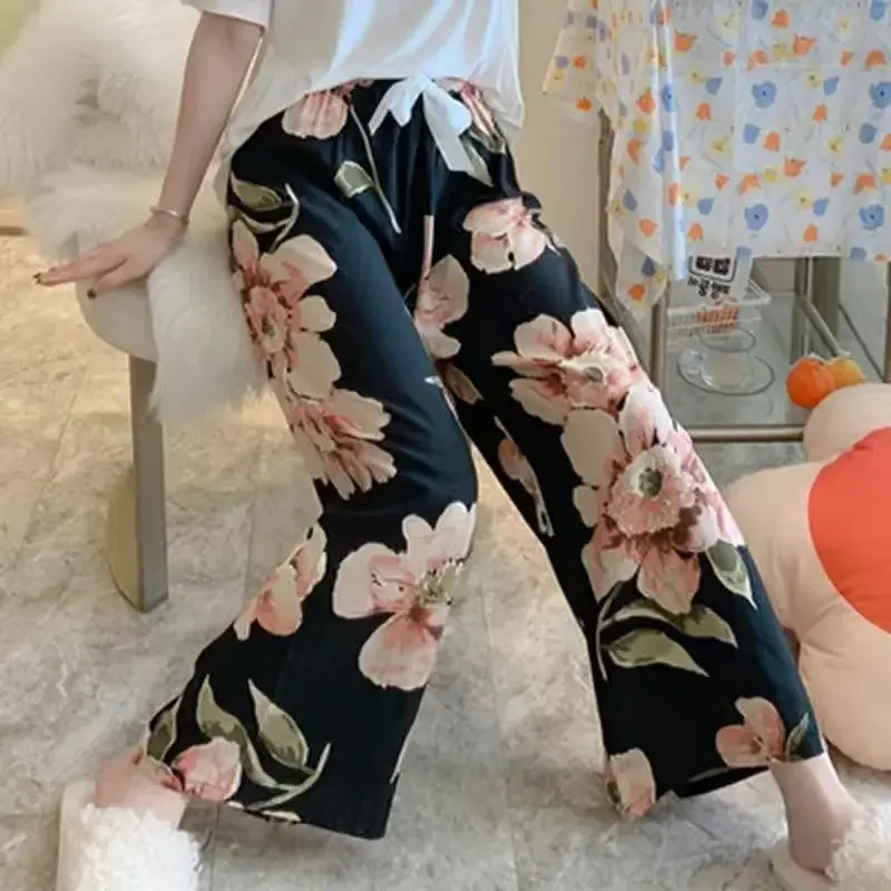 Women Sleep Pants Cotton Pajama Pants Print Loungewear Trouser Wide-legged Pants Sweatpants Casual Pajamas Beach Loose