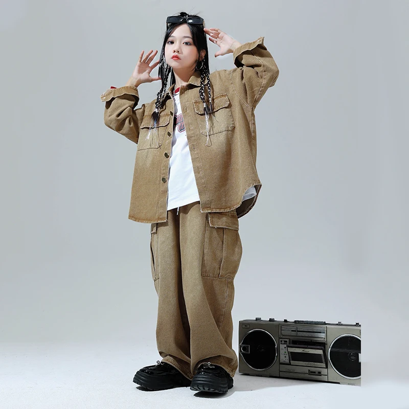 Kids Hip Hop Clothing Brown Denim Oversize Shirt Tops Casual Sweat Pants for Girls Boys Jazz Streetwear Dance Costume Clothes