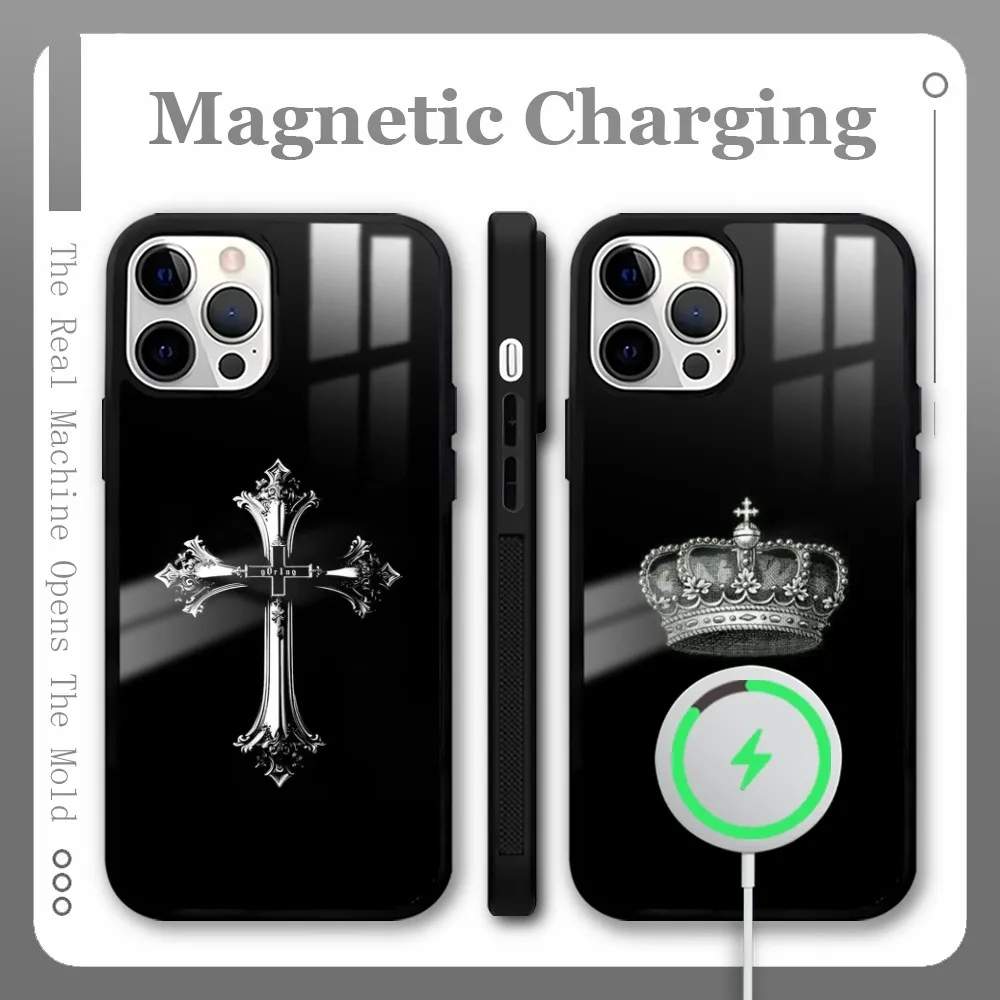 Love Crown Cross Fashion Phone Case For IPhone 16 15 14 13 Pro Max Plus Mini Magsafe Mirror Wireless Magnetic Cover