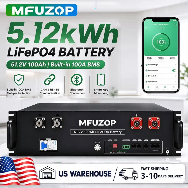 MFUZOP 48V 100Ah LiFePO4 Rack Battery, 5.12kWh 3U Home Energy Storage Battery with 100A Smart BMS  RS485/CAN for Solar Systems and Off-Grid Use