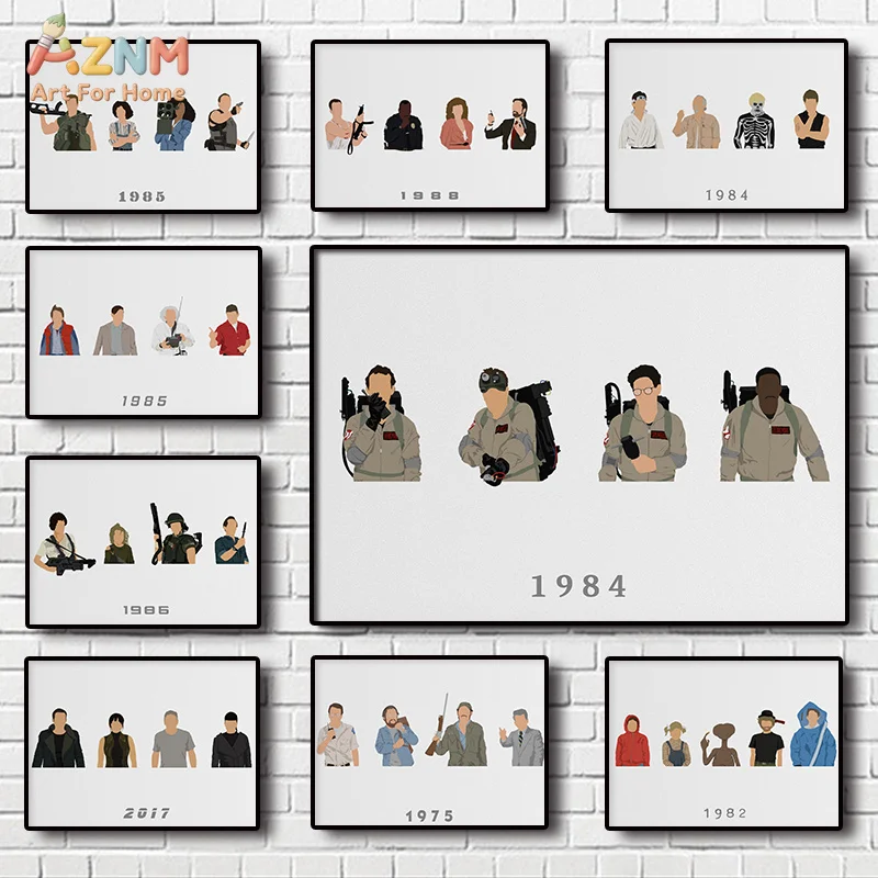 AZNM Minimalist 80s Movie Characters Canvas Wall Art Retro Ghostbusters Print for Pop Culture Room Decor