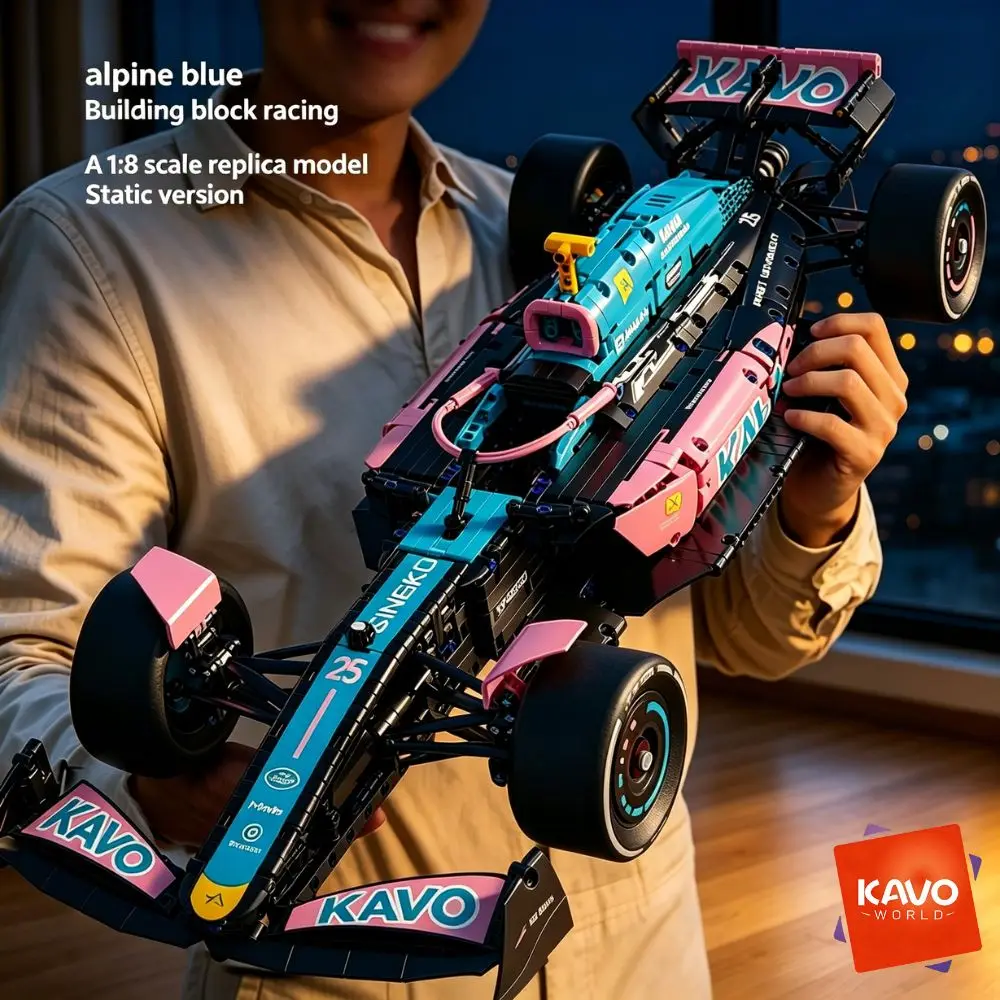 KAVOWORLD 1:8 Pink-blue Formula Racing Car Building Block Kit 1768pcs Technical Mechanical Racing Bricks Set DIY Construction Vehicle Toy with Steerable Wheels Openable Cockpit Simulated Engine for Home Office Display Christmas Birthday Gift for Teens 14+