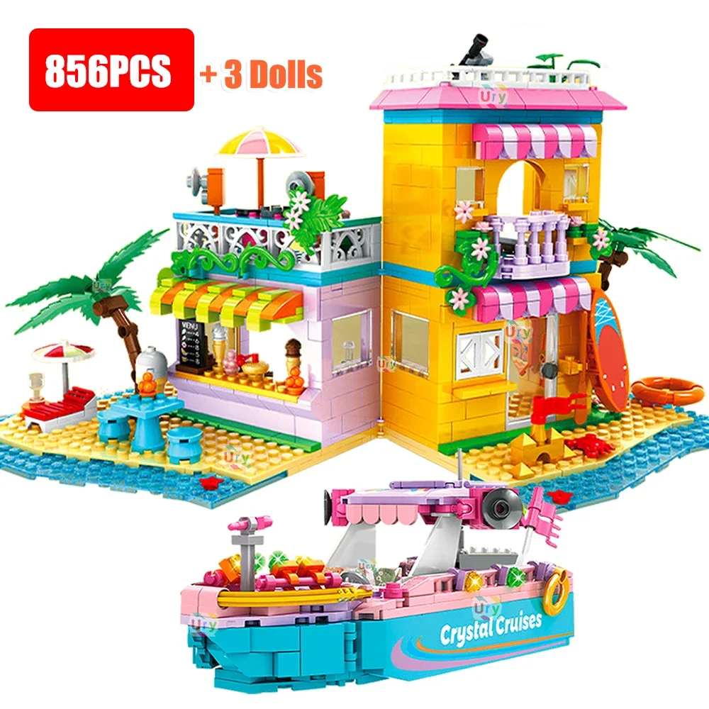 

Friends Houseboat Cottage on The Beach House Model Seaside Park Holiday Wharf Cruises Ship Set Building Blocks Toys for Girls